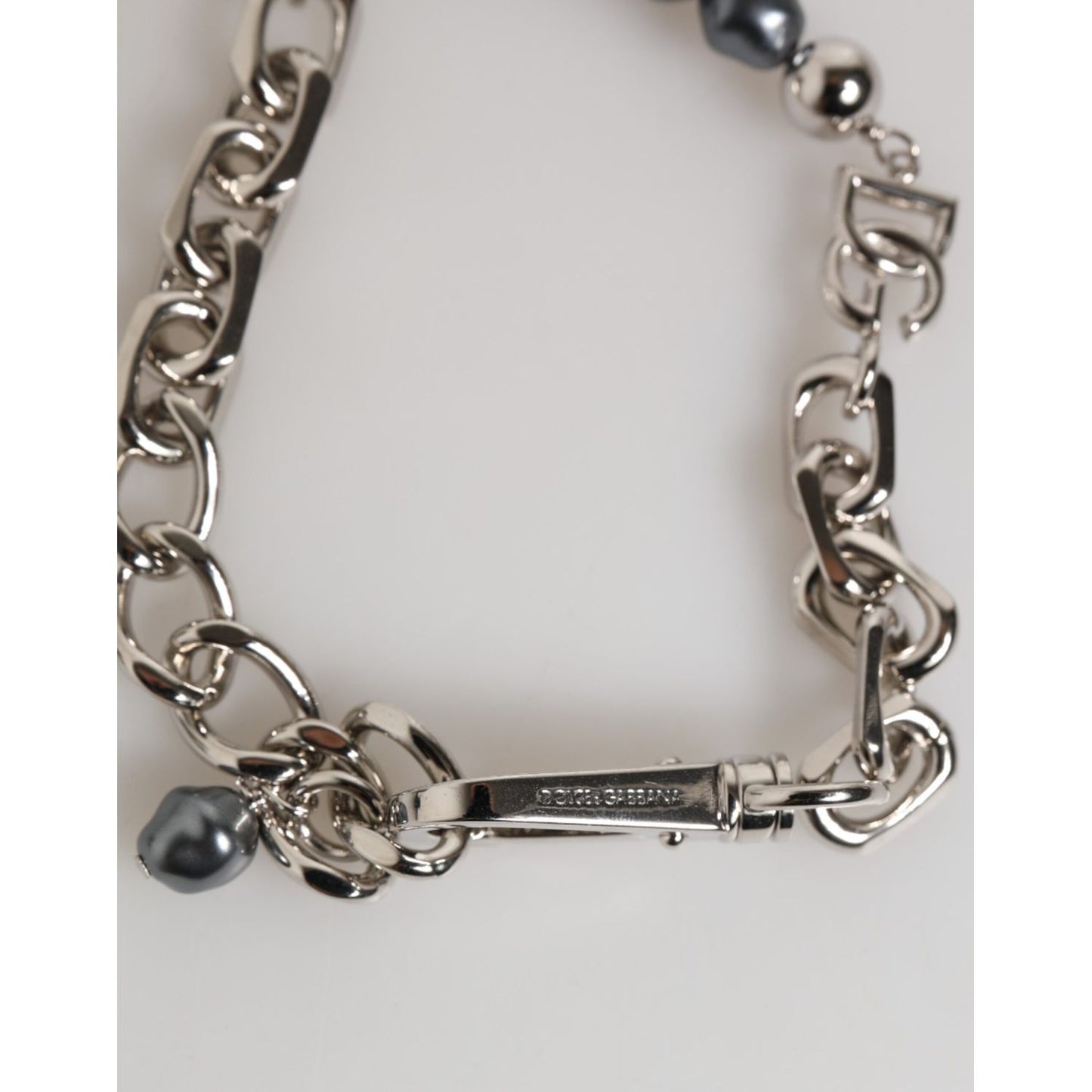 Dolce & Gabbana Silver Tone Chain Lobster Clasp Logo Gray Pearls Bracelet showcasing elegant design and adjustable clasp detail.