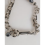 Dolce & Gabbana Silver Tone Chain Lobster Clasp Logo Gray Pearls Bracelet showcasing elegant design and adjustable clasp detail.
