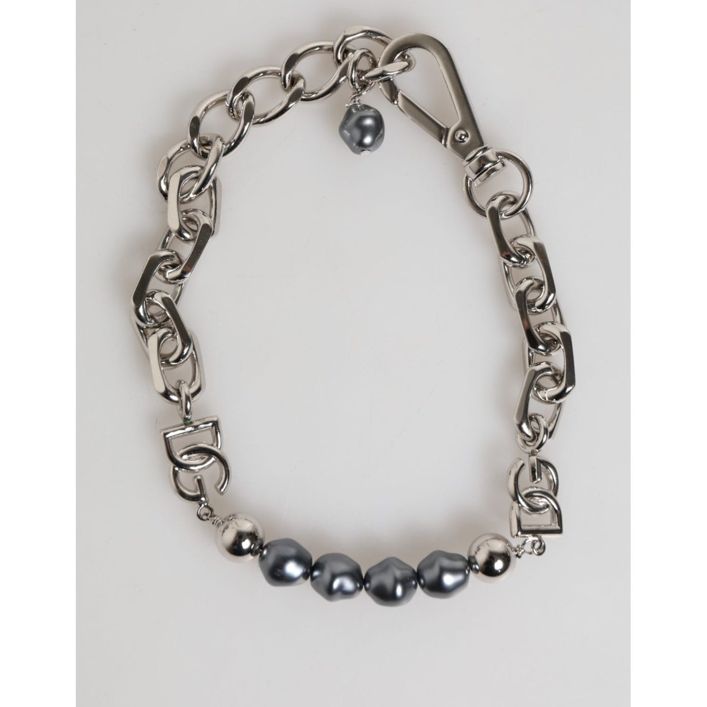 Dolce & Gabbana Silver Tone Chain Lobster Clasp Logo Gray Pearls Bracelet with polished links and dark-hued pearls, elegant design.