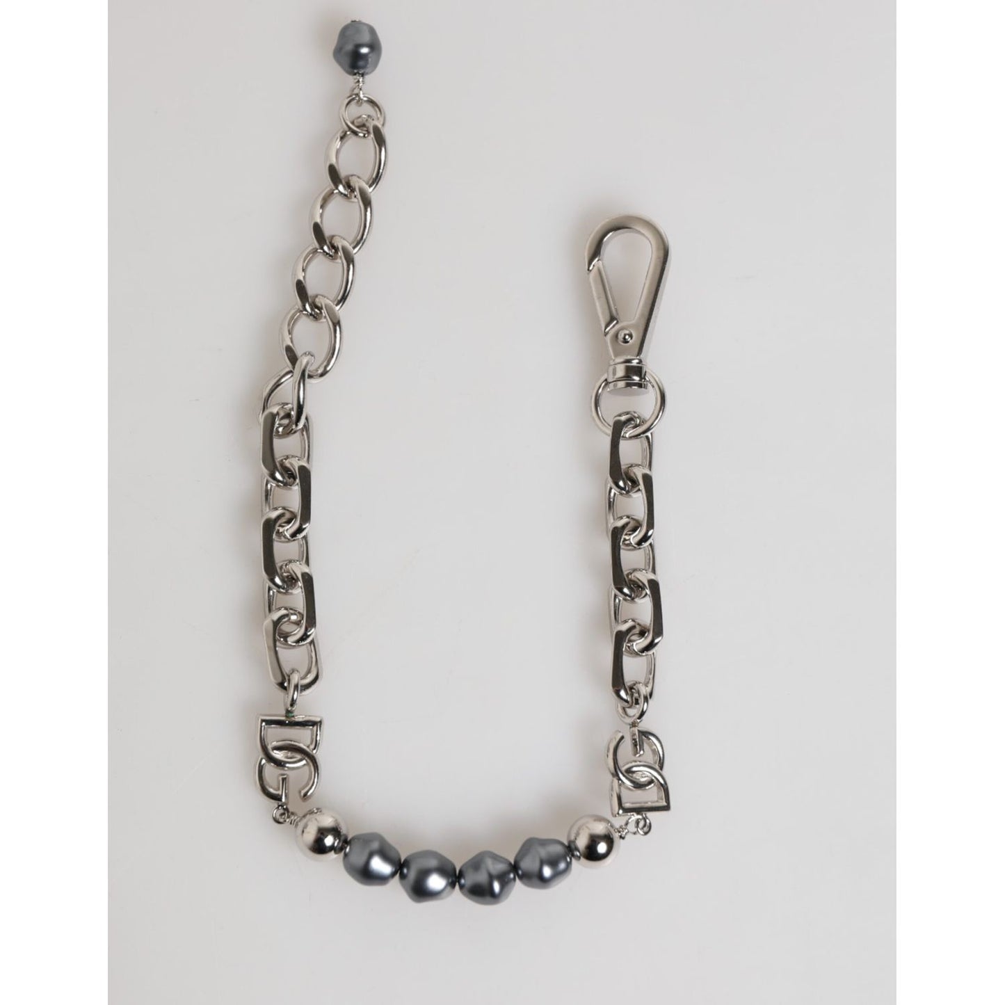 Dolce & Gabbana Silver Tone Chain Lobster Clasp Logo Gray Pearls Bracelet with elegant design and signature DG logo details.