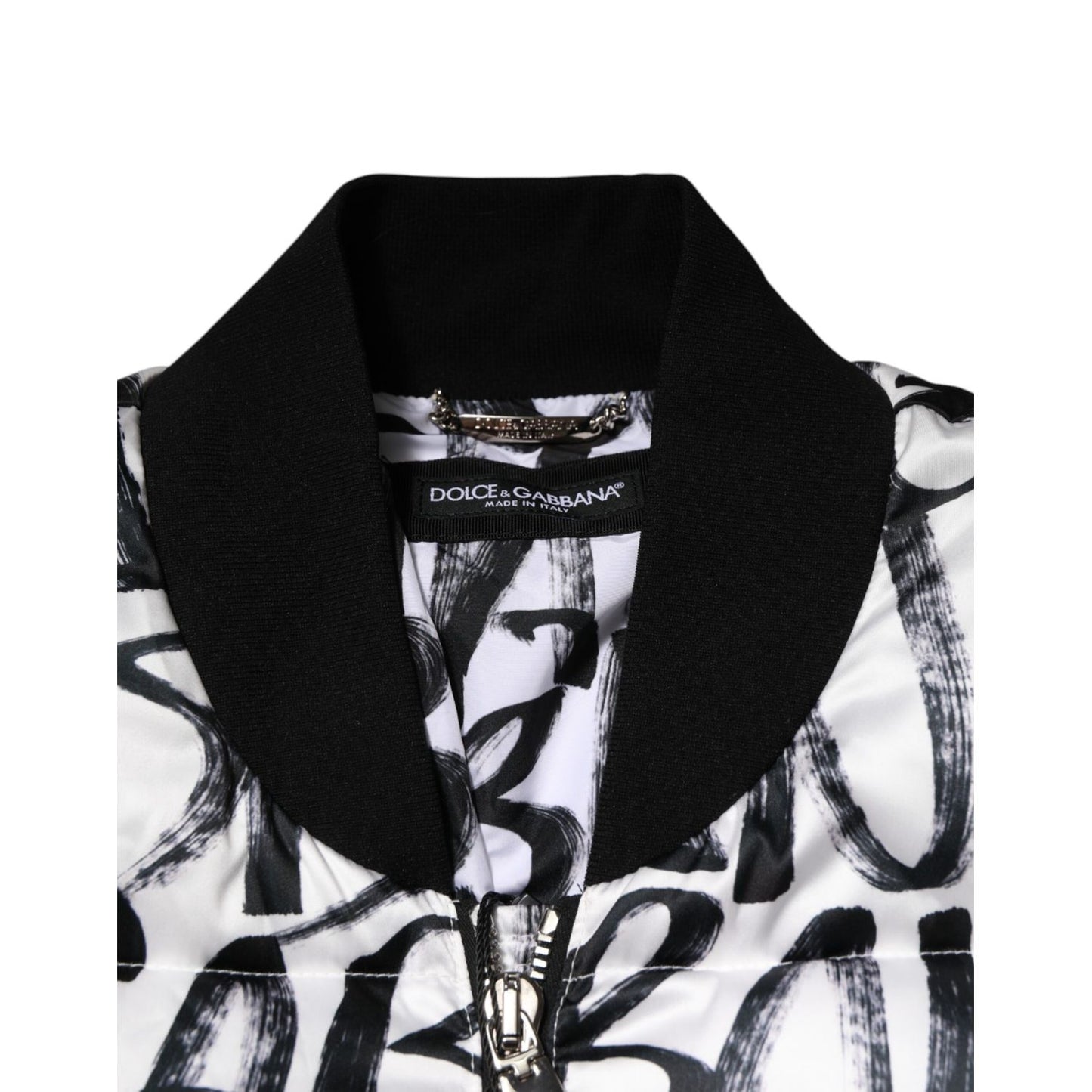 Dolce & Gabbana White Black Graffiti Logo Puffer Bomber Jacket