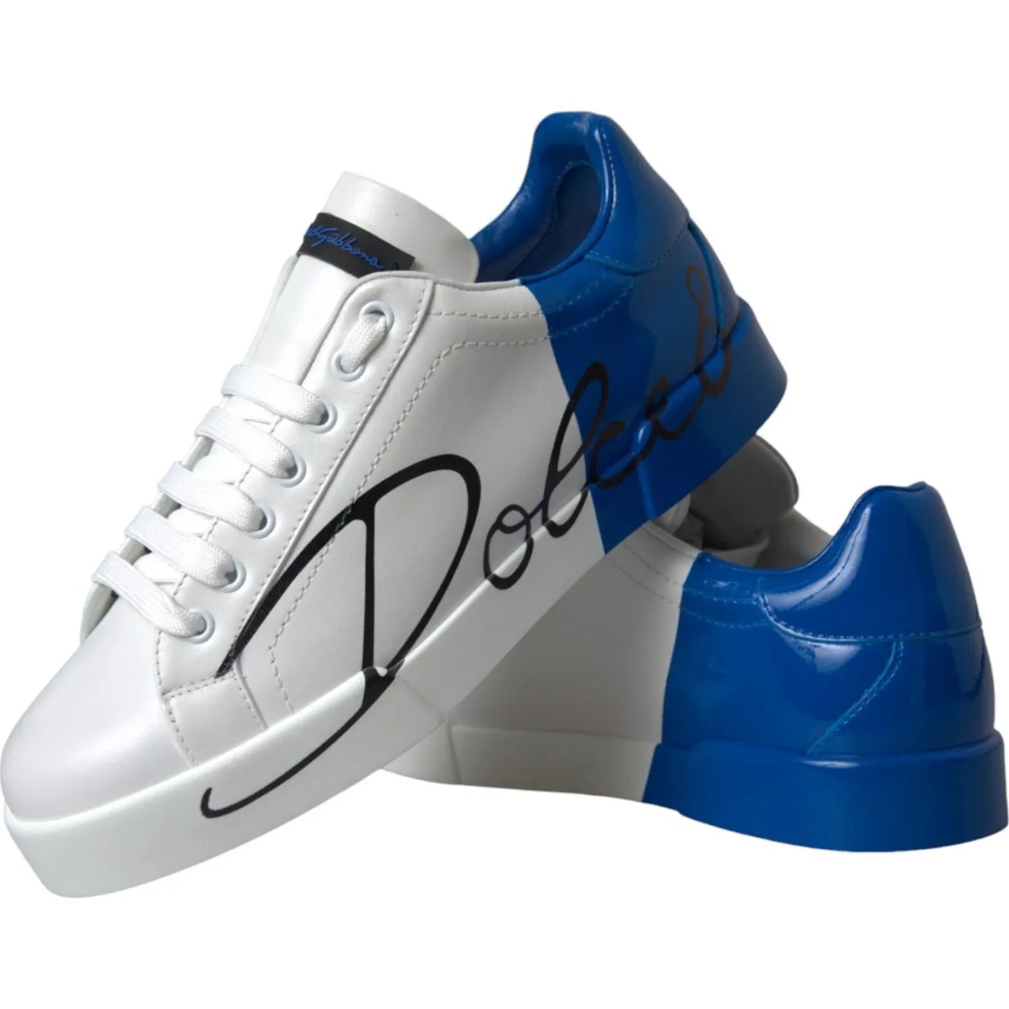 Dolce & Gabbana White Blue Logo Low Top Leather Sneakers Shoes in calfskin leather with rubber soles and lace-up closure.