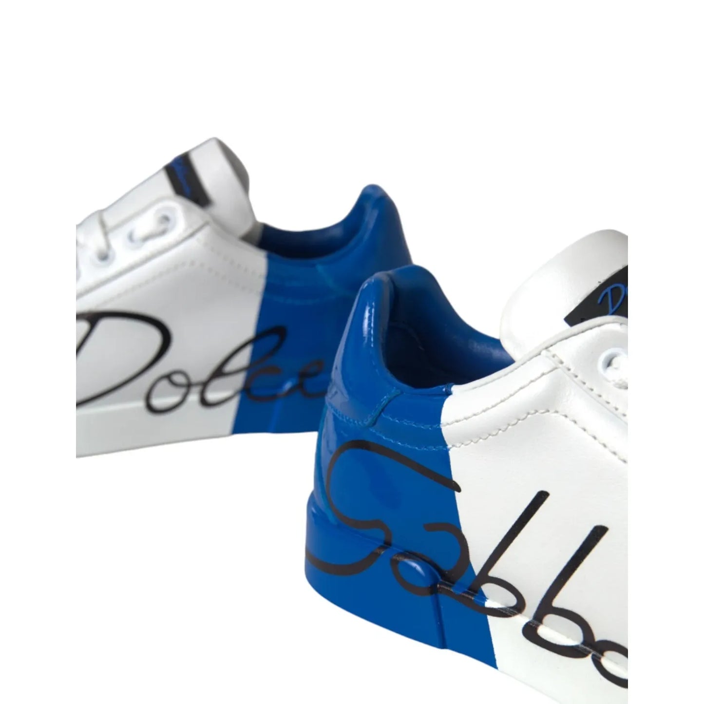 Dolce & Gabbana White Blue Logo Low Top Leather Sneakers Shoes with calfskin leather and rubber sole, showcasing elegant logo details.