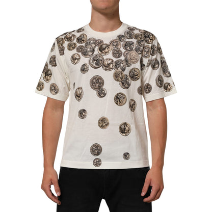 Dolce & Gabbana White Coin Print Cotton Crew Neck Men T-shirt