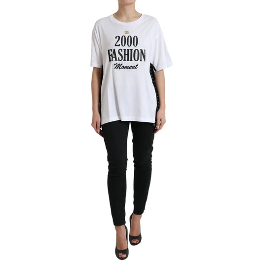 Dolce & Gabbana White Cotton 2000 Fashion Print Logo T-shirt with black pants and heels, showcasing a stylish casual look.