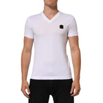 Dolce & Gabbana White Cotton Logo Patch V-neck Tee T-shirt, stylish men's casual wear with short sleeves, light stain on the back.