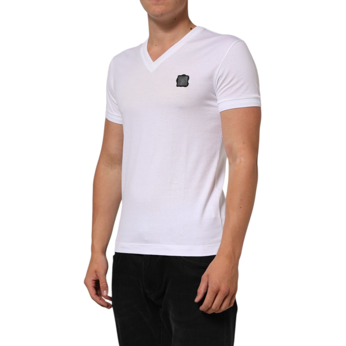 Dolce & Gabbana White Cotton Logo Patch V-neck Tee T-shirt with short sleeves and black logo patch, regular fit