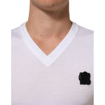 Dolce & Gabbana White Cotton Logo Patch V-neck Tee T-shirt close-up view showing logo patch detail