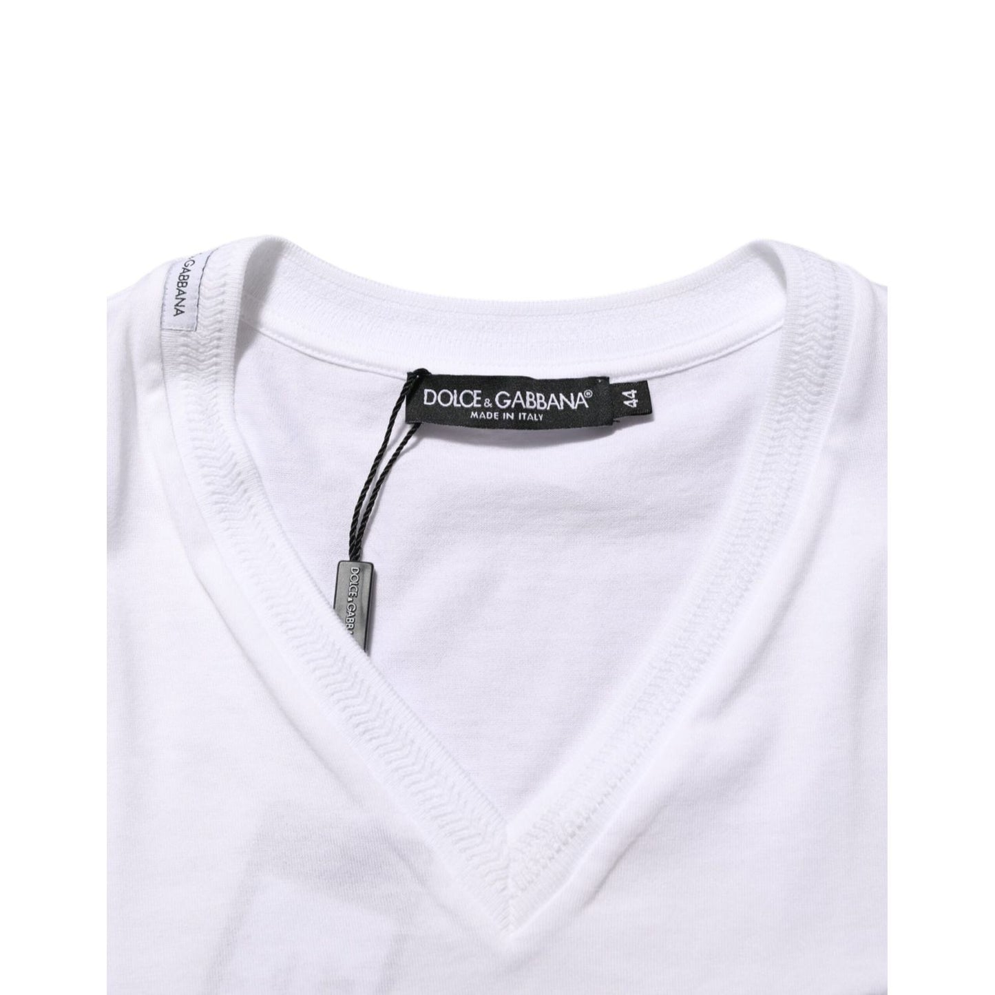 Dolce & Gabbana White Cotton Logo Patch V-neck Tee T-shirt showing brand label and design detail.