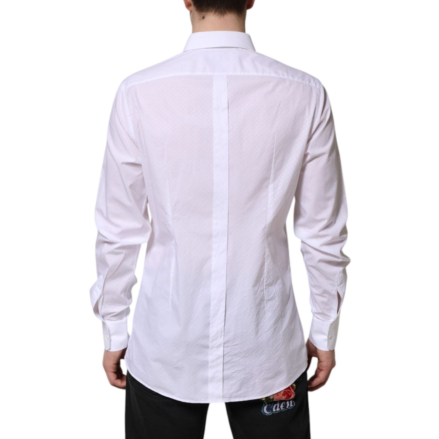 Back view of Dolce & Gabbana White GOLD Cotton Long Sleeves Formal Shirt, featuring slim fit, button closure, and classic collar, made in Italy.