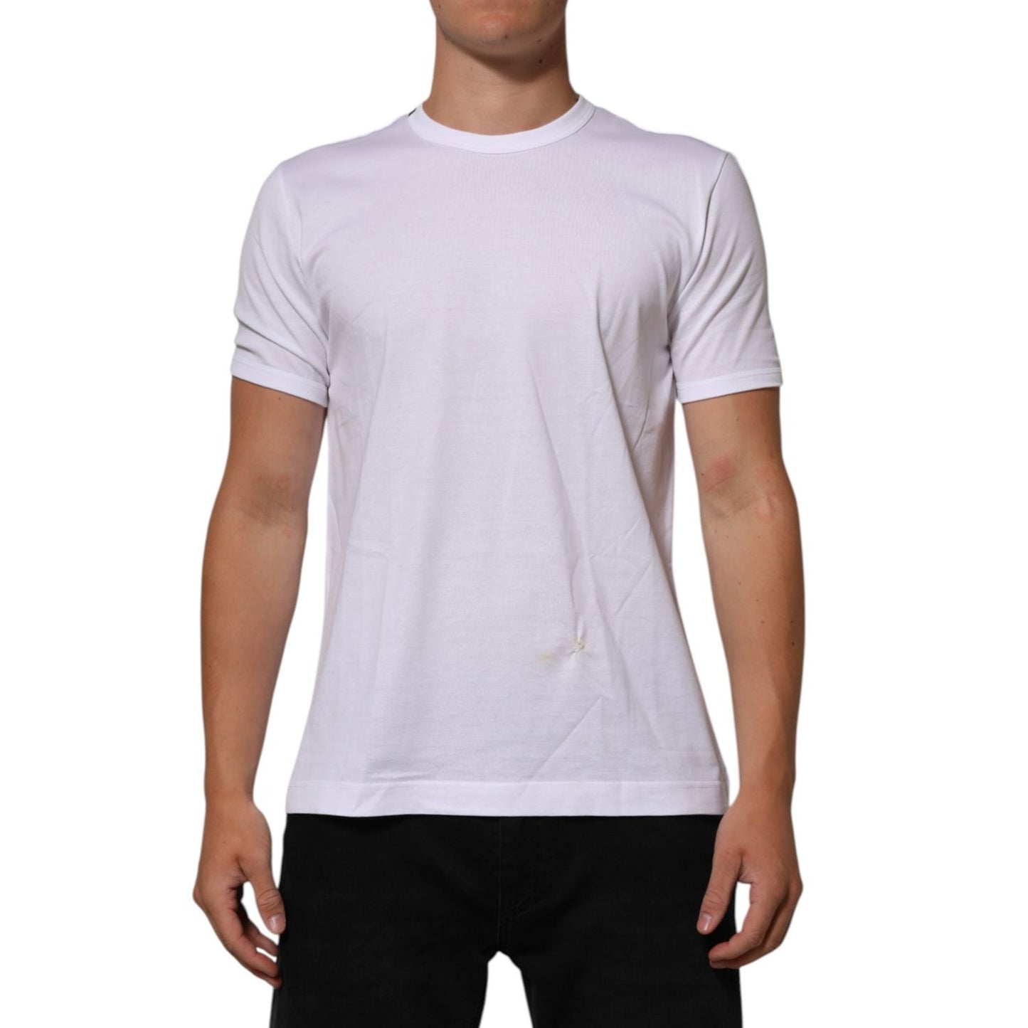 Dolce & Gabbana White Goodluck 2021 Cotton Crew Neck T-shirt with short sleeves and classic fit on model.