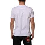 Back view of a Dolce & Gabbana White Goodluck 2021 Cotton Crew Neck T-shirt on a model, highlighting design and fit.