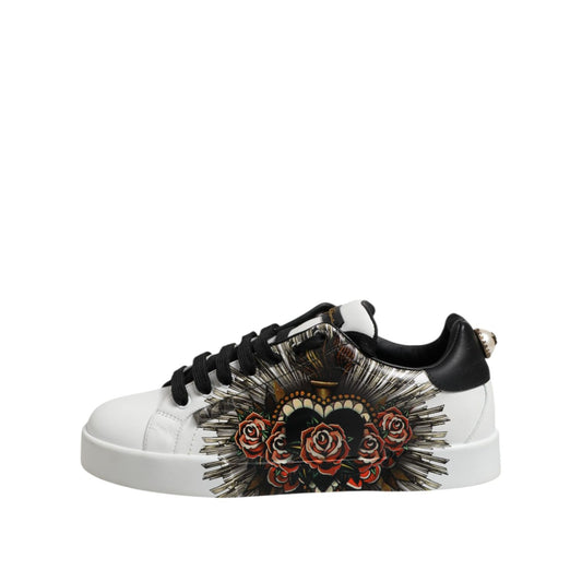 Dolce & Gabbana White Leather Portofino Lace Up Sneakers Shoes with black accents and floral design