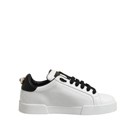 Dolce & Gabbana White Leather Portofino Lace Up Sneakers Shoes with black accents and logo details.