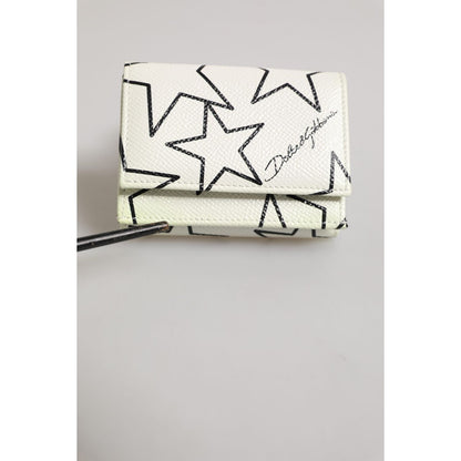 Dolce & Gabbana White Leather Trifold DG Star Print Card Holder Wallet