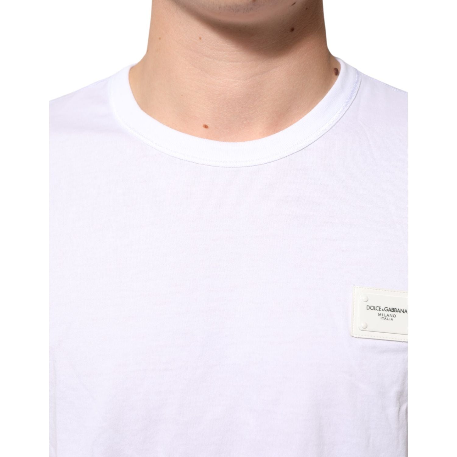 Dolce & Gabbana White Logo Plaque Cotton Crew Neck T-shirt