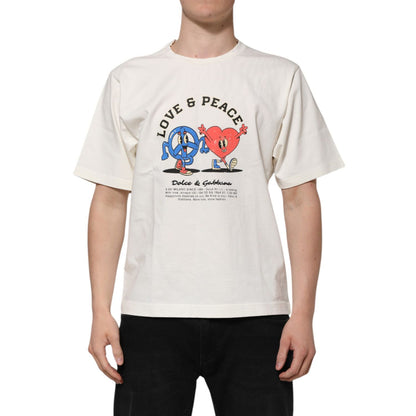 Dolce & Gabbana White Love Peace Cotton Men Crew Neck T-shirt