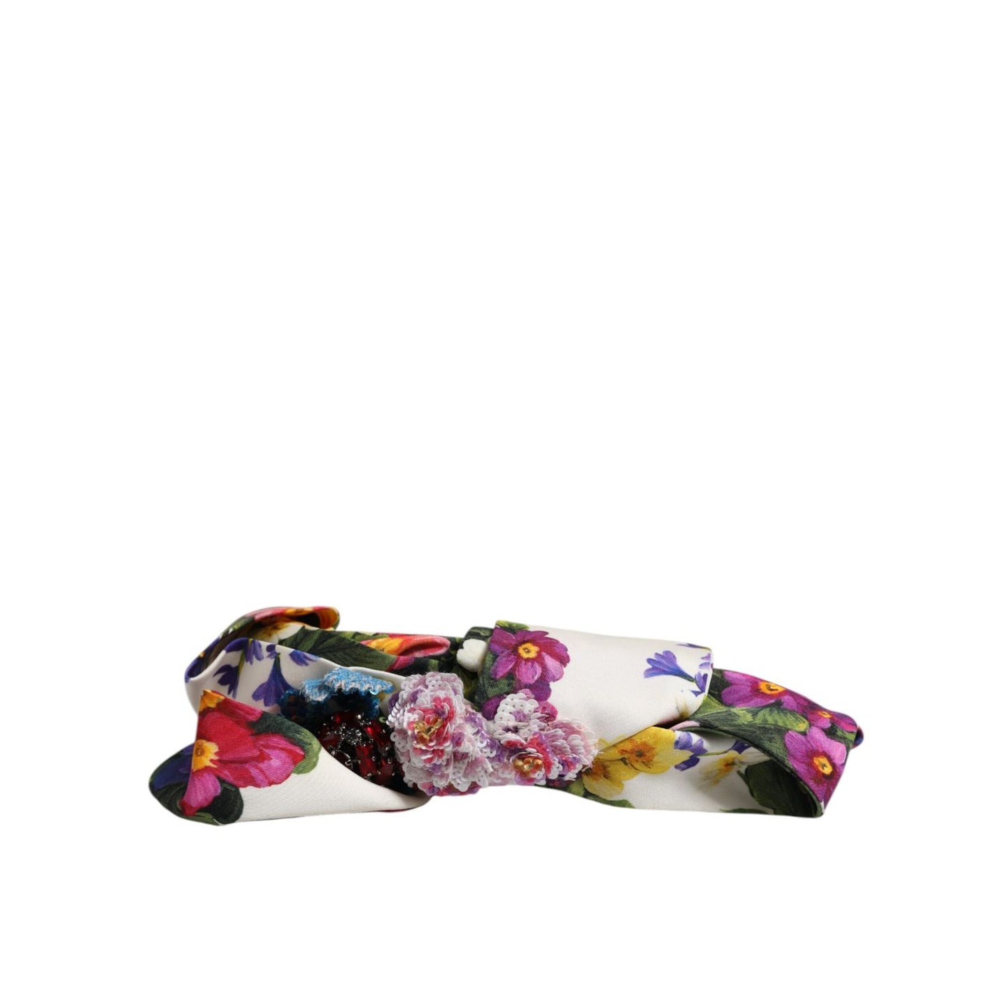 Dolce & Gabbana White Multicolor Floral Silk Bow Crystal Embellished Headband with flower appliqués