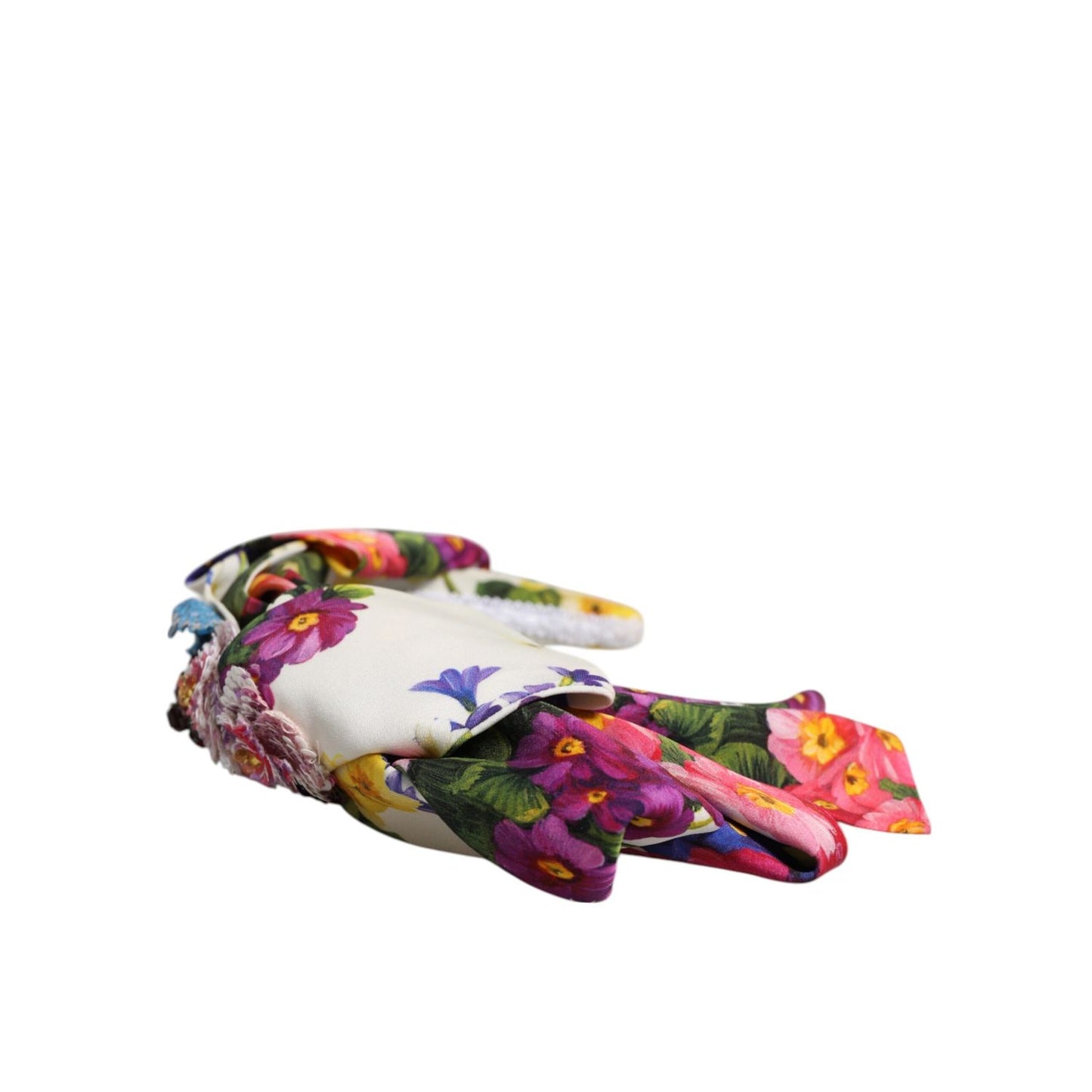 Dolce & Gabbana White Multicolor Floral Silk Bow Crystal Embellished Headband on white background