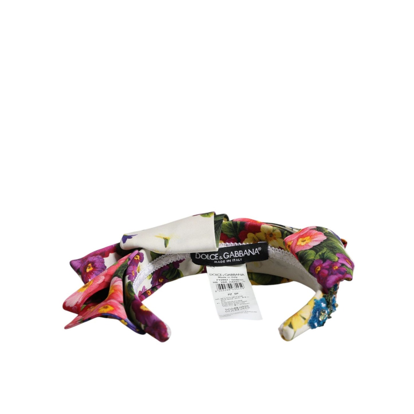 Dolce & Gabbana White Multicolor Floral Silk Bow Crystal Embellished Headband with tags shown on background