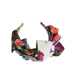 Dolce & Gabbana White Multicolor Floral Silk Bow Crystal Embellished Headband with flower appliqués on white background