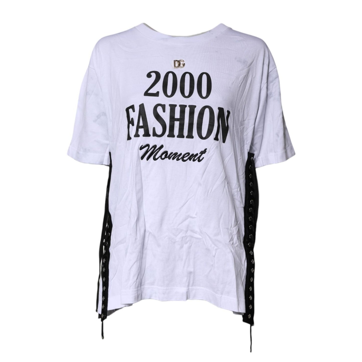 Dolce & Gabbana White Print Lace-Up Cotton Crew Neck T-shirt