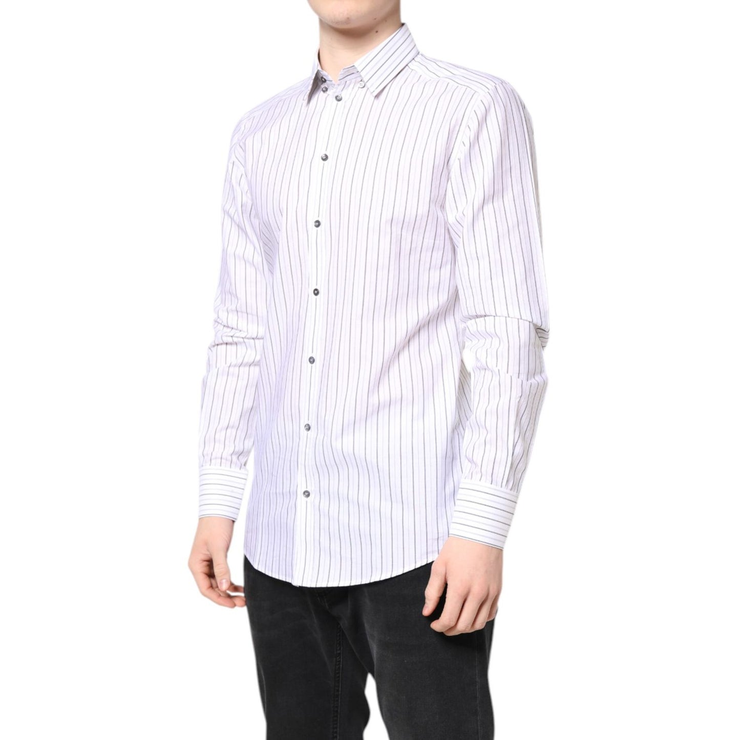 Dolce & Gabbana White Stripes Cotton GOLD Formal Dress Shirt, slim fit, long sleeves, button closure, high craftsmanship, Made in Italy.