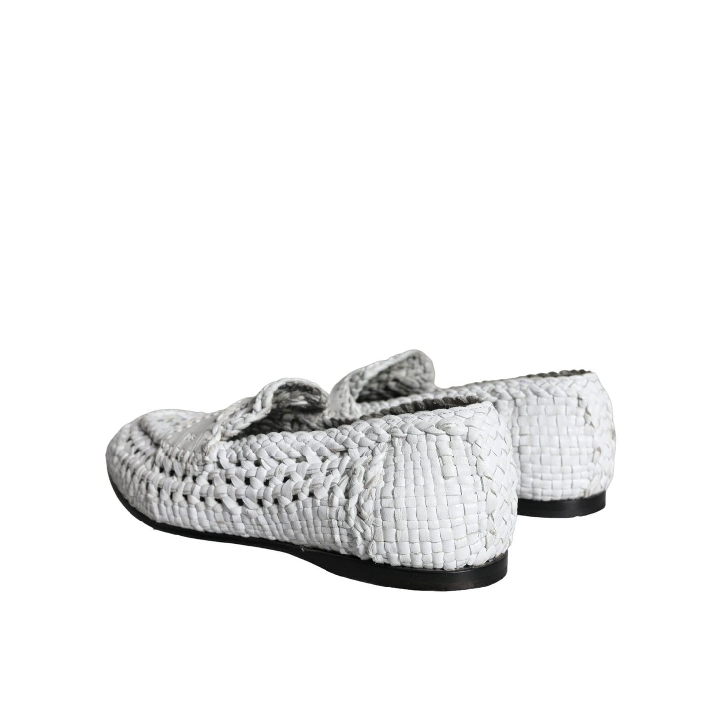 Dolce & Gabbana White Woven Leather Slip On Loafers Men Shoes - back view showcasing woven texture and black leather sole.