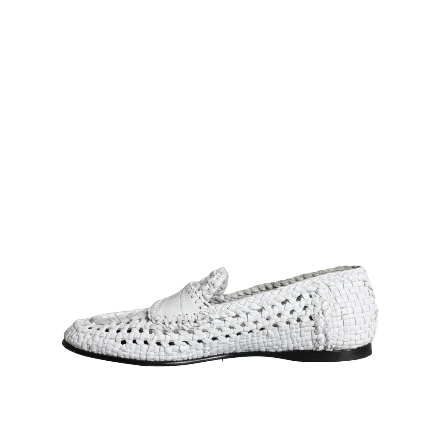 Dolce & Gabbana White Woven Leather Slip On Loafers Men Shoes with leather details and logo, showcasing high craftsmanship, side view.