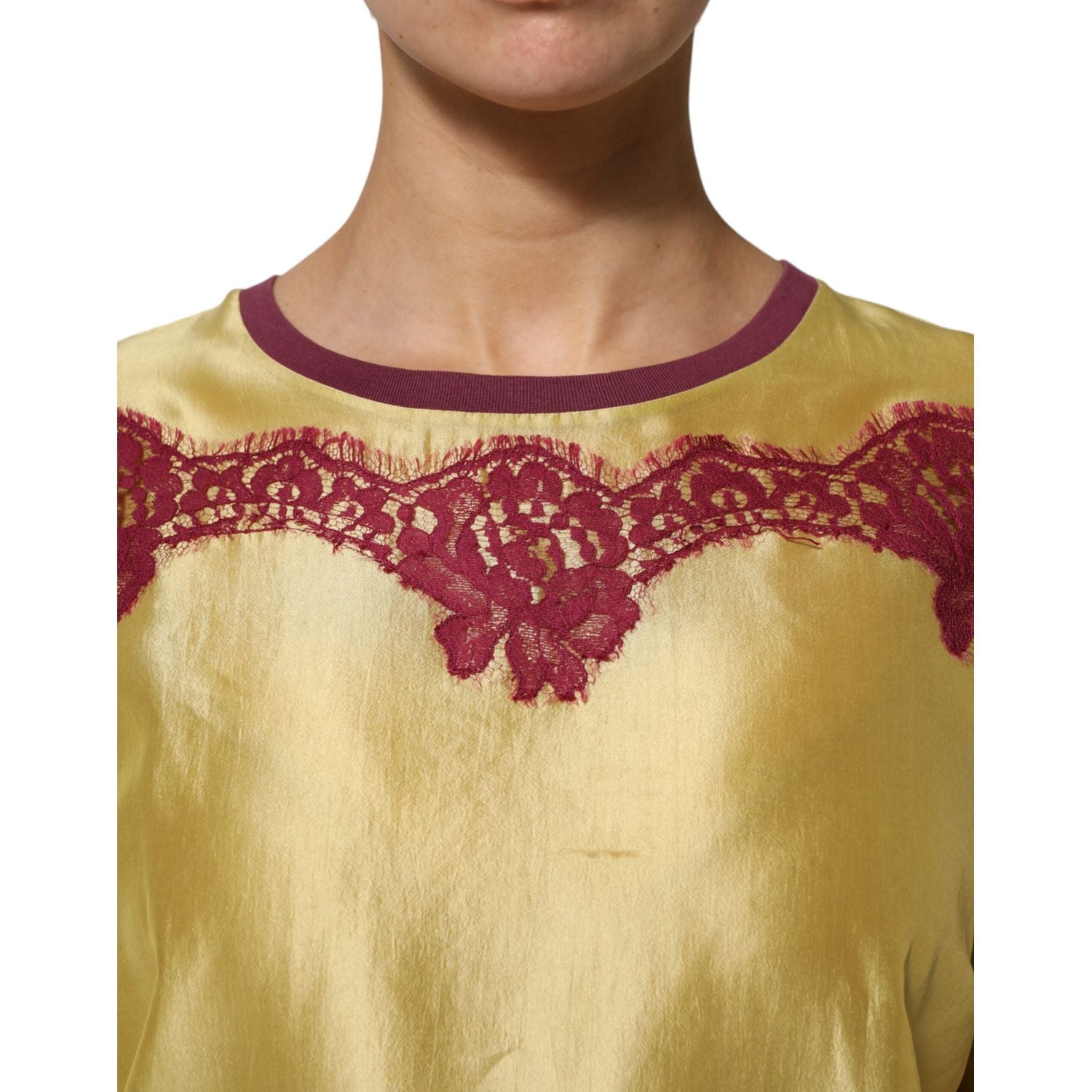 Dolce & Gabbana Yellow Silk Satin Floral Lace Short Sleeves Top