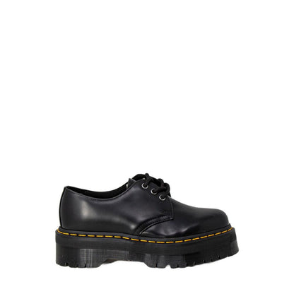 Dr. Martens Black Leather Lace-Up Boots with thick sole and iconic design, showcasing durability and style.