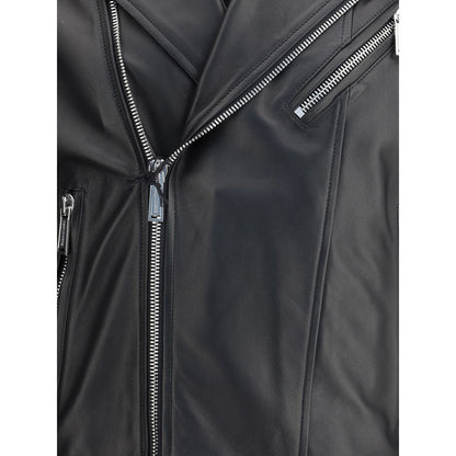 Close-up of Dsquared² Black Calf Leather Bos Taurus Biker Jacket showing double-slider zipper and lapel collar.
