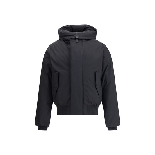Dsquared² Black Polyester Bomber, urban design with hood and concealed zipper, ribbed hem, two front pockets, AW25 season.