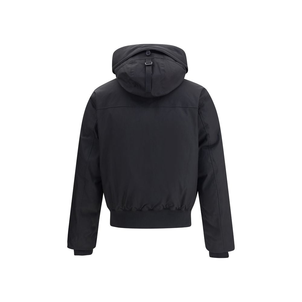 Back view of Dsquared² Black Polyester Bomber jacket with hood, ribbed hem, and cuffs, showcasing urban style and functionality.