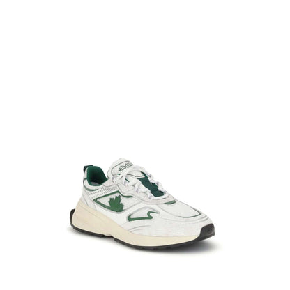 Dsquared² White Calf Leather Bos Taurus Athletic Sneakers with trekking-style laces and maple leaf logo on rubber running sole.