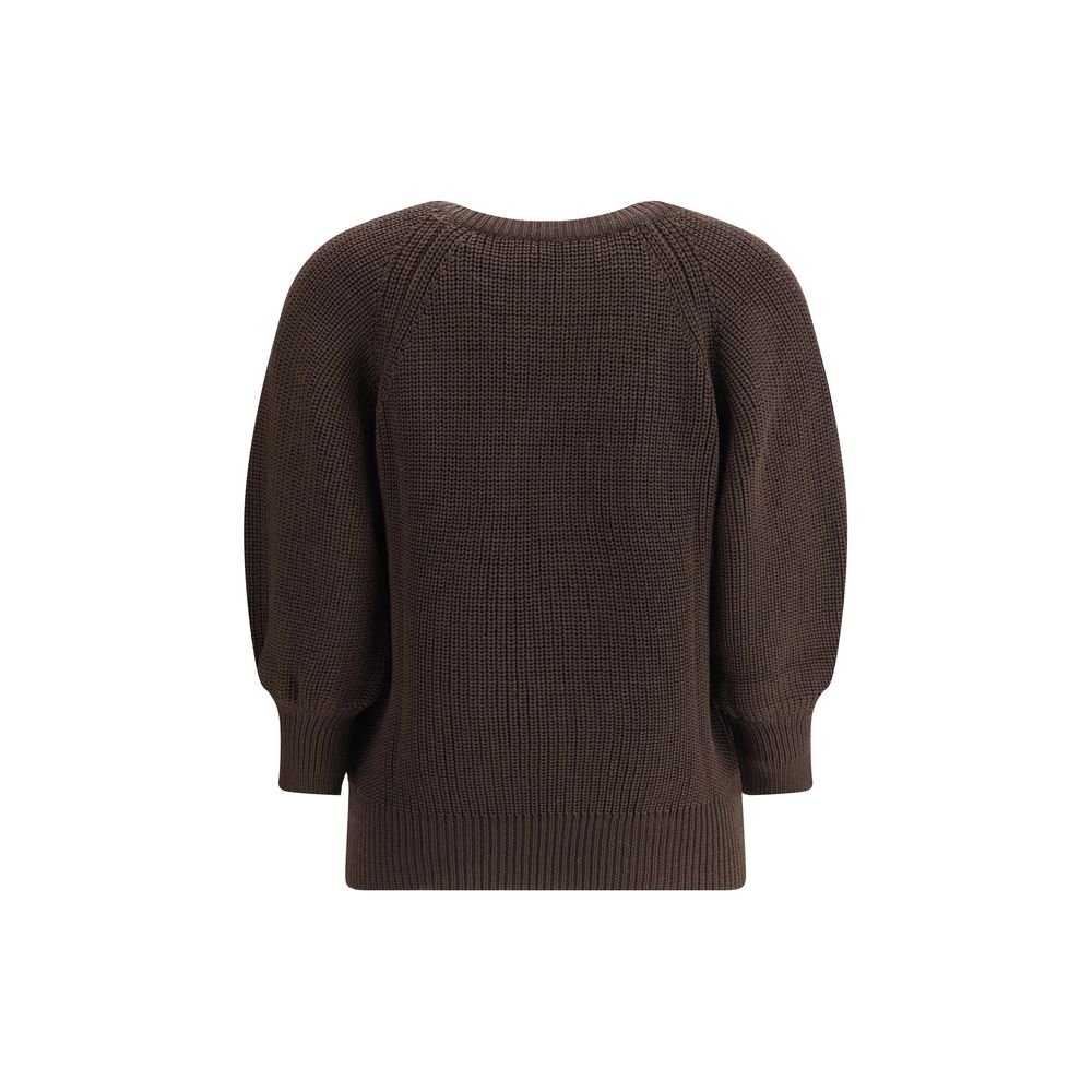 Ella Brown Merino Wool Sweatshirt with ribbed crewneck and cuffs, back view showcasing chunky knit design, AW25 collection.