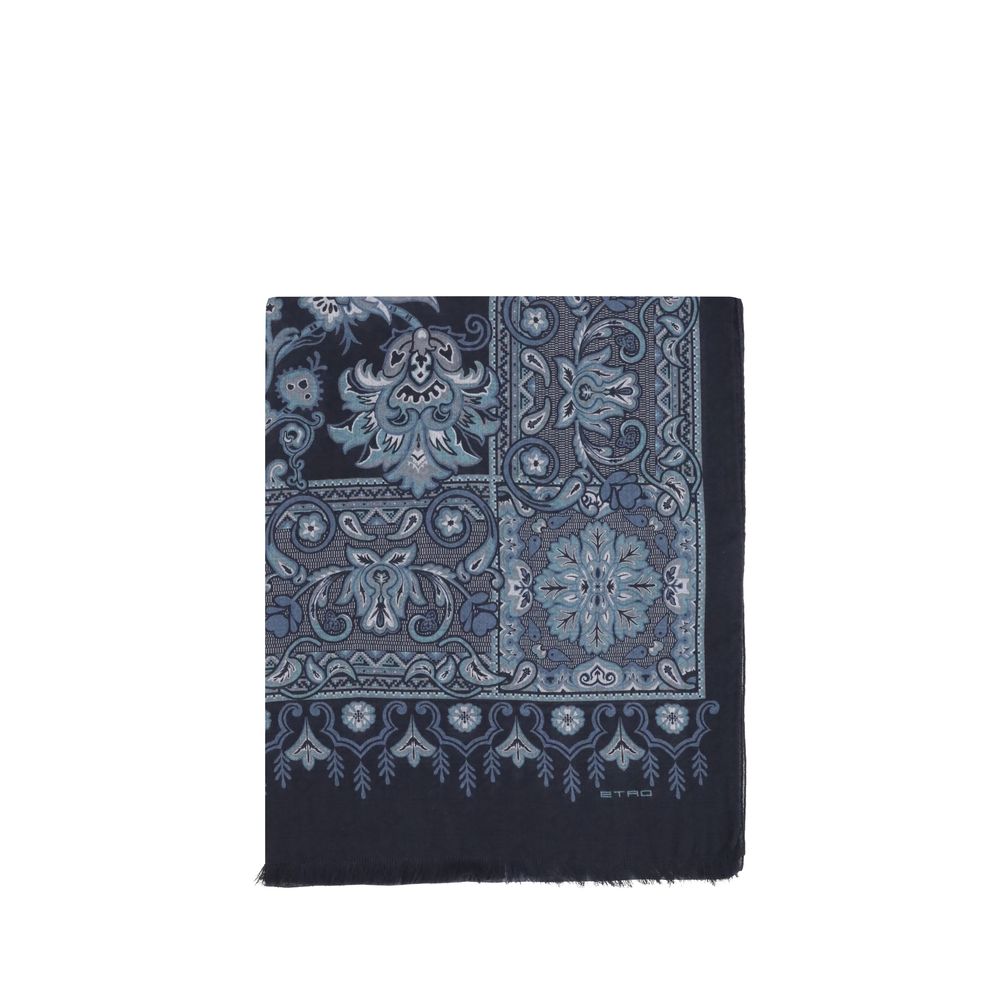 Etro Blue Modal Scarf with floral and geometric jacquard pattern, frayed edges, and embroidered logo on navy backdrop, 180x180 cm.
