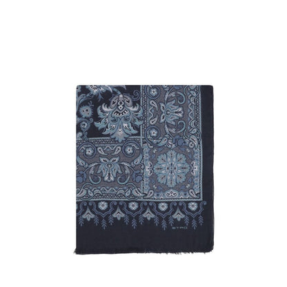 Etro Blue Modal Scarf with floral and geometric jacquard pattern, frayed edges, and embroidered logo on navy backdrop, 180x180 cm.