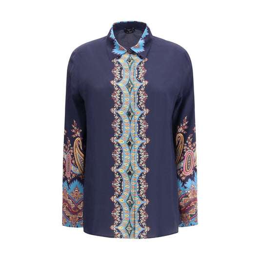 Etro Multicolor Silk Pattern Shirt with floral Paisley print, button closure, classic collar, and loose fit boyfit silhouette.