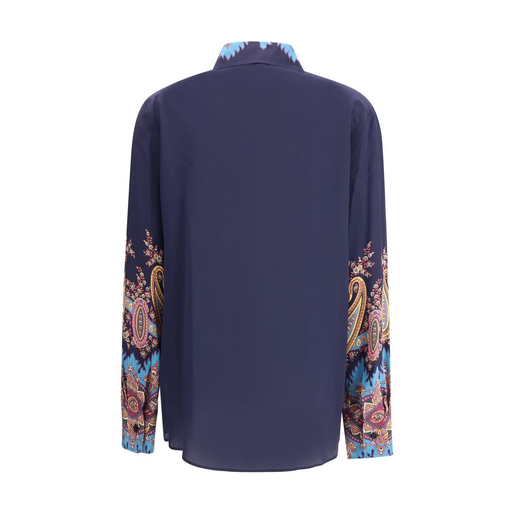 Back view of Etro Multicolor Silk Pattern Shirt featuring floral Paisley print, silk crepe de Chine fabric, and loose boyfit silhouette.