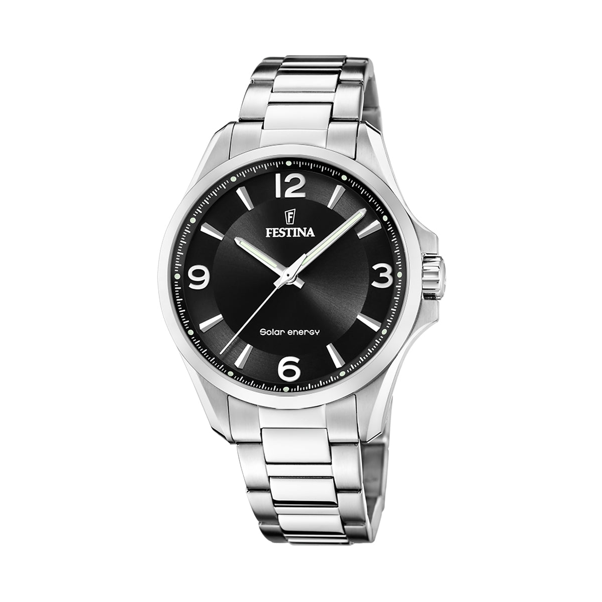 FESTINA WATCHES Mod. F20656/4 - Stainless steel solar energy watch with black dial and silver bracelet.