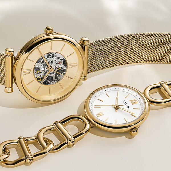 FOSSIL Mod. ES5272 ladies wristwatch in SS IP gold with quartz movement, 30mm case, and mineral dial. Water resistant 5 ATM in official packaging.