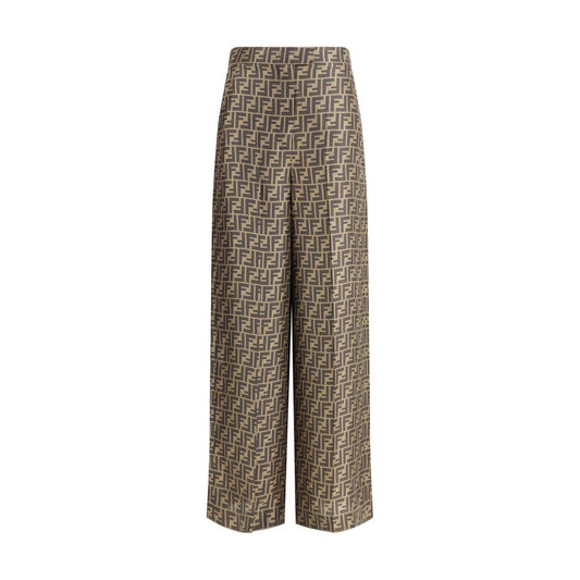 Fendi Brown Silk Casual Pants with FF monogram, palazzo cut, and high waist, featuring button and zipper closure.