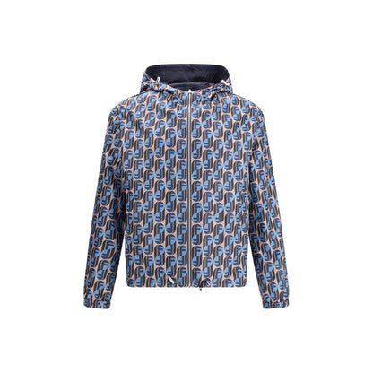 Fendi Multicolor Polyester Shell Jacket with geometric pattern, featuring hood, zipper, and logo. Stylish reversible jacket with pockets and drawstring.