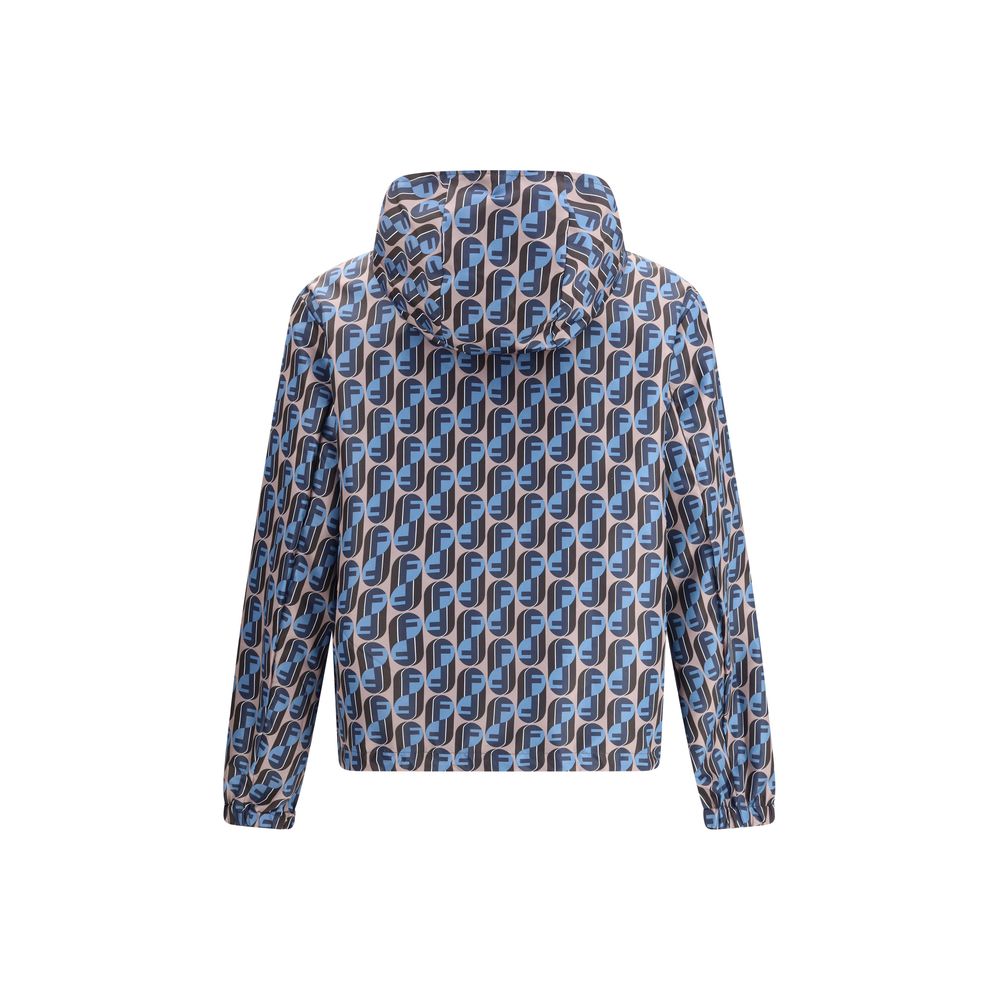 Fendi Multicolor Polyester Shell Jacket with geometric pattern, hooded design, and adjustable drawstring hem, showcasing the back view.