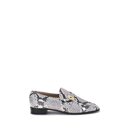 Ferragamo Multicolor Goatskin Slip-On Loafers with python print, squared toe, block heel, and golden metal detail.