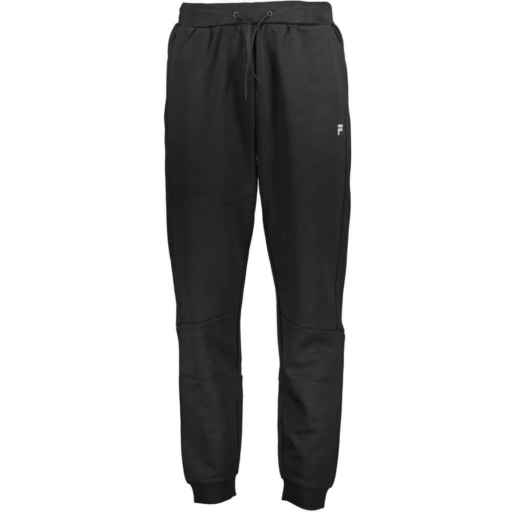 Fila Black Cotton Pant with elastic waistband, drawstrings, two pockets, ankle cuffs, and logo print for sportswear.