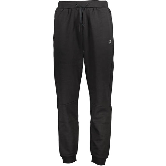 Fila Black Cotton Pant with elastic waistband, drawstrings, two pockets, ankle cuffs, and logo print for sportswear.