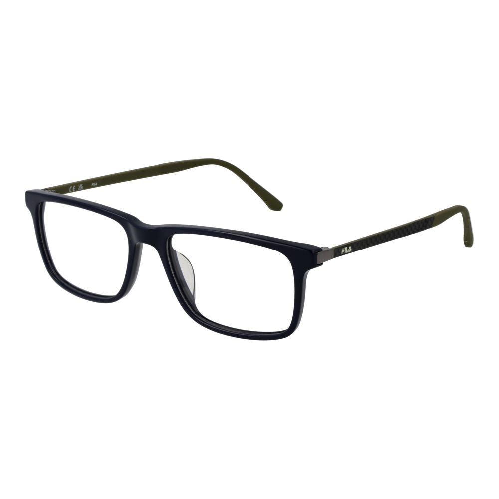 Fila Blue Men Glasses Frame, full-rim metal, square style, size 52-18-145, includes branded case, blue frame and demo lenses.