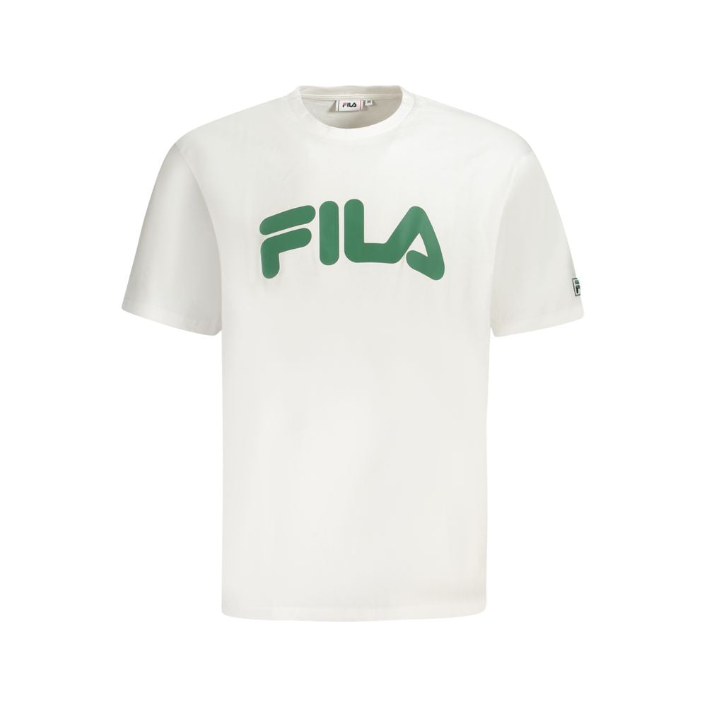 Fila White Cotton Men T-Shirt with green logo, comfortable loose-fit, soft breathable fabric, perfect for casual style and standout fashion.